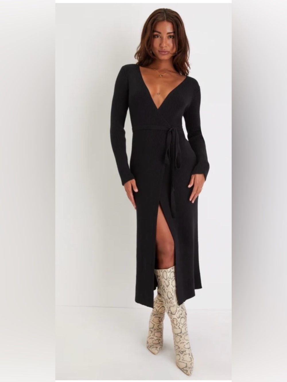 Lulus Black Ribbed Wrap Maxi Dress with Front Slit Small